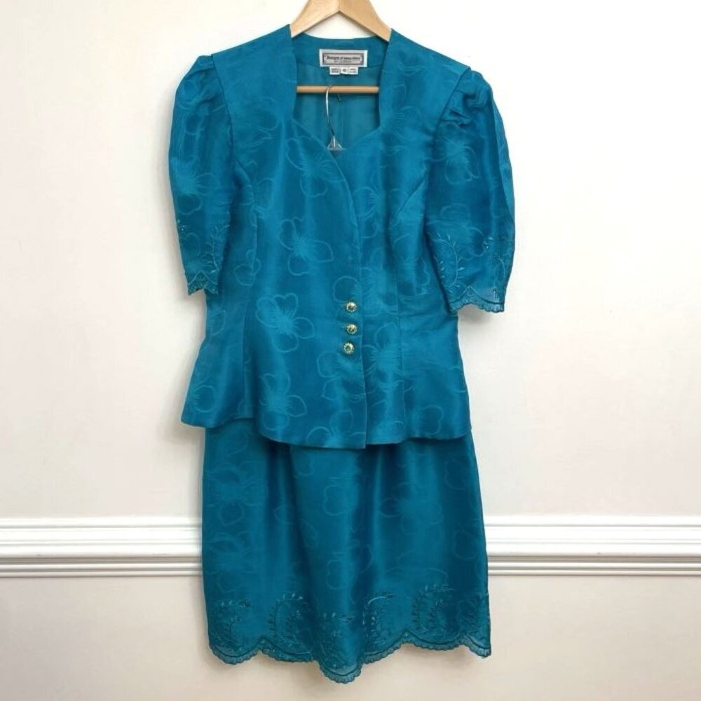 Vintage Lucrezia 2 Piece Silk Suit Set Sz 12 Teal Blue Floral Made‎ in USA Flaw